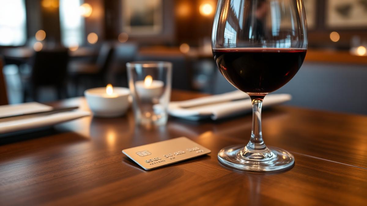 A metal credit card resting on a dark walnut restaurant table beside a glass of wine