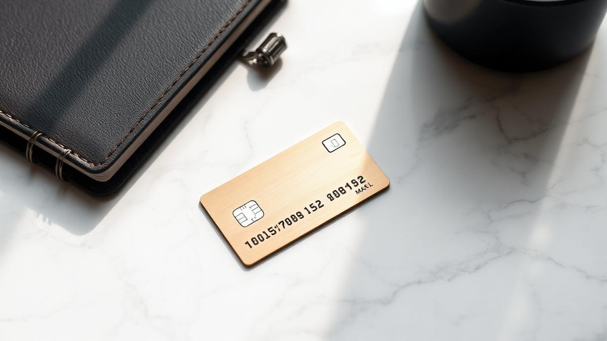 A high-end metal credit card resting on a minimalist marble desk beside a leather notebook