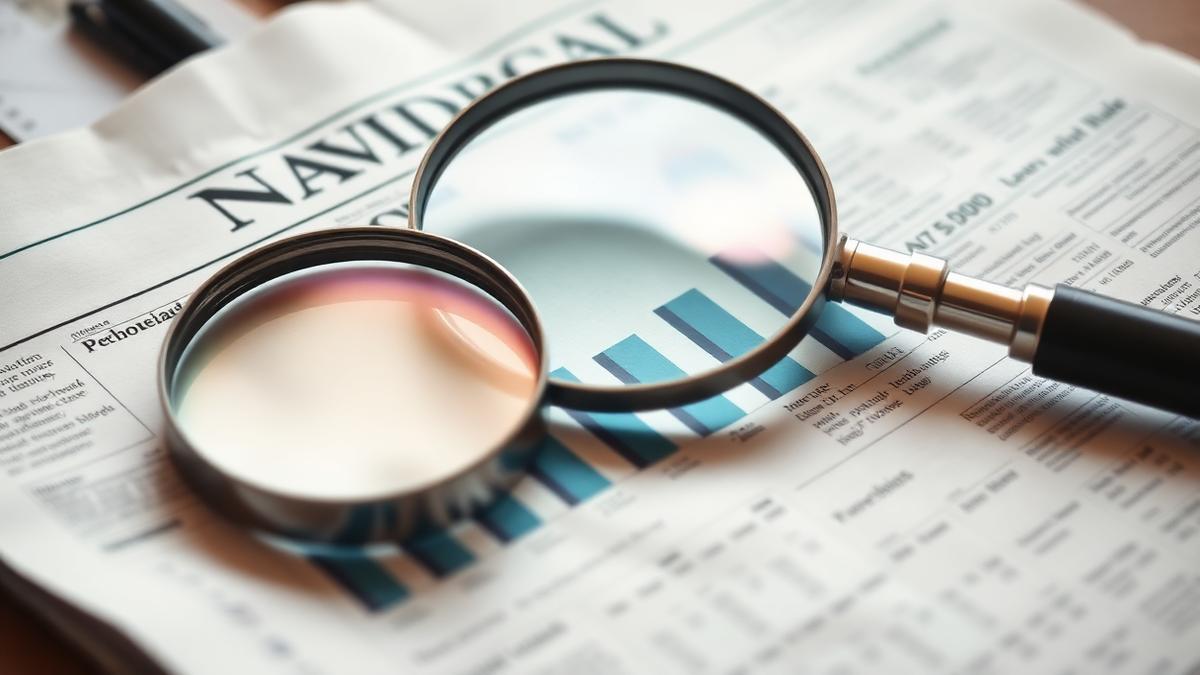 A financial newspaper with a magnifying glass over a bar chart showing interest rates