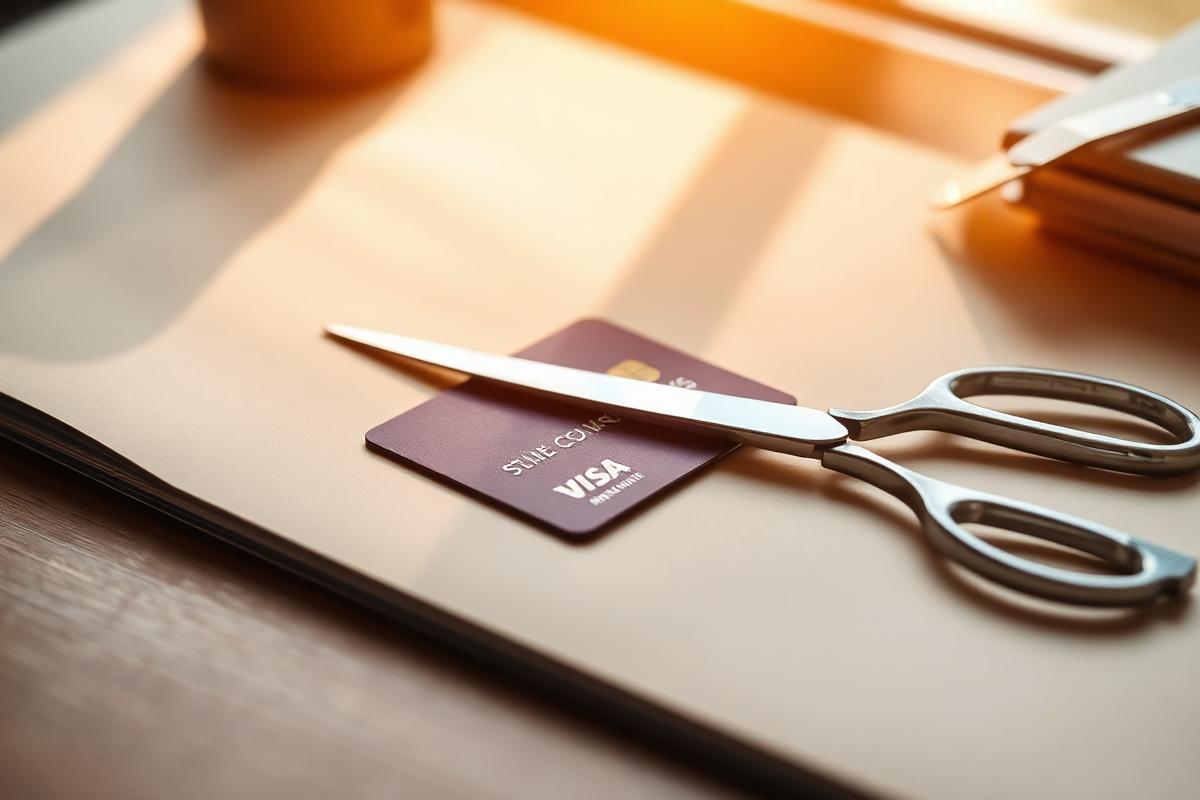 A pair of scissors resting beside a credit card on a paper-toned desk
