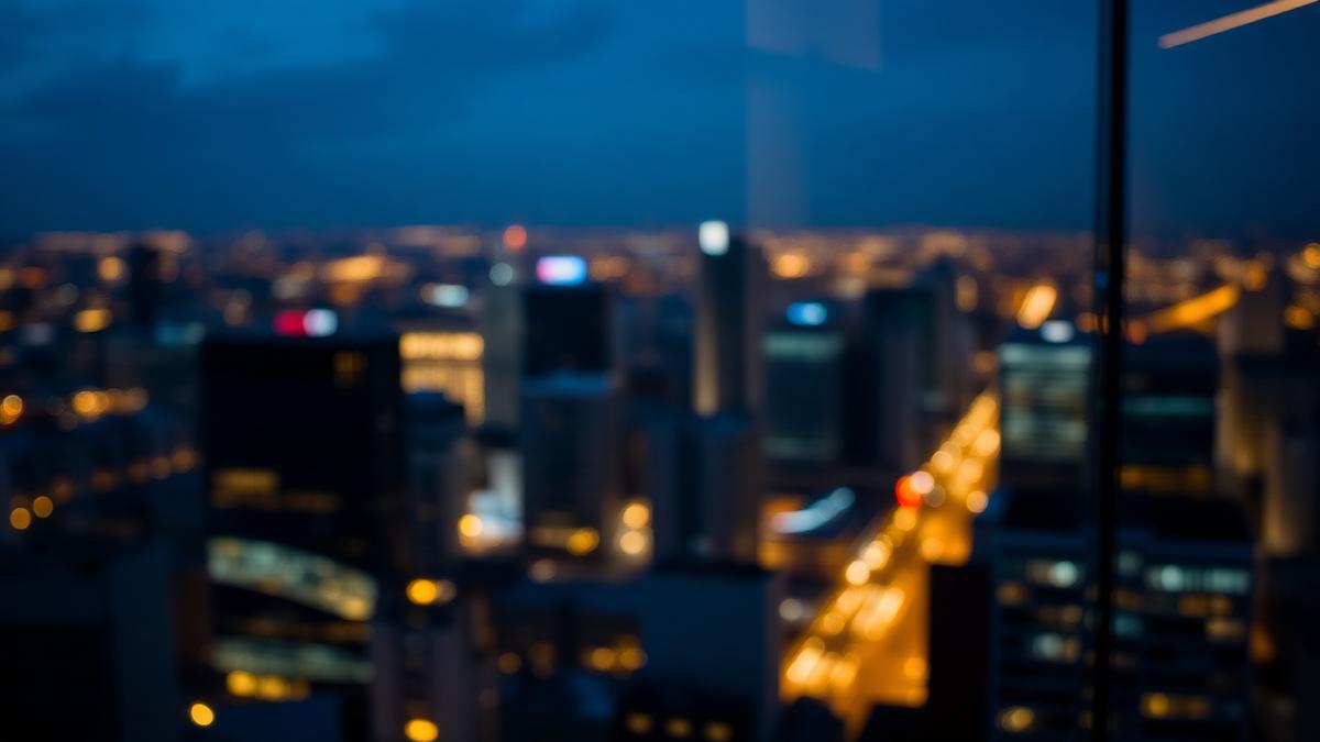 Abstract city lights reflecting in a high-rise office window at night