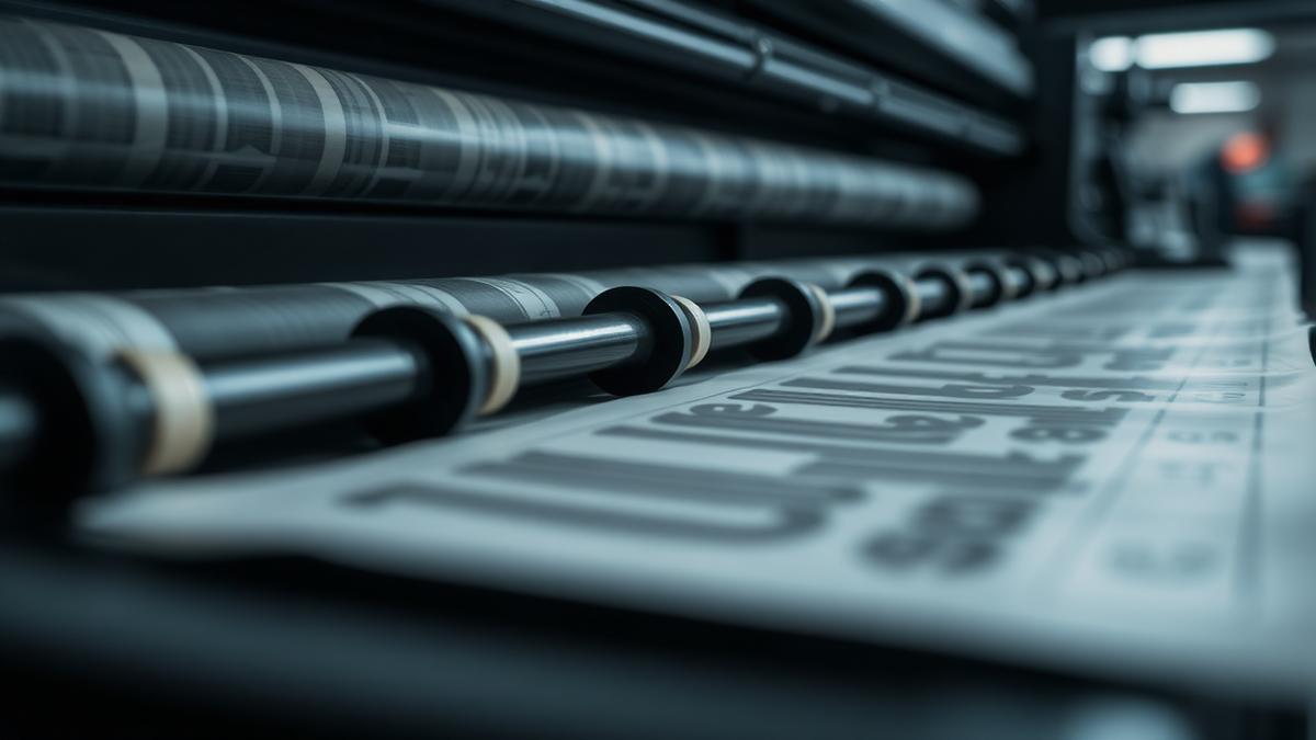 A macro shot of a physical newspaper printing press with ink rollers