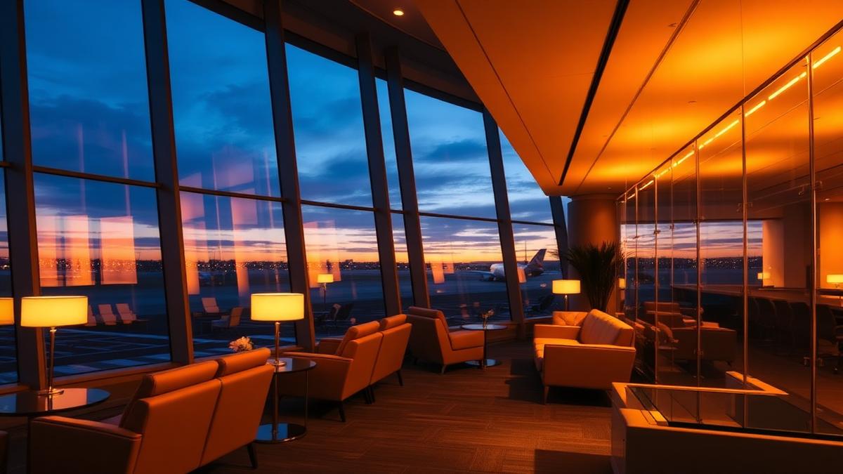Interior of a luxury airport lounge with warm lighting and seating