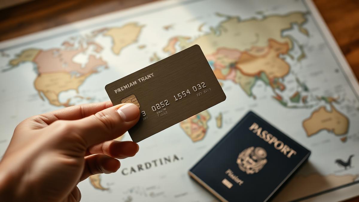 A premium travel credit card held above a world map and passport