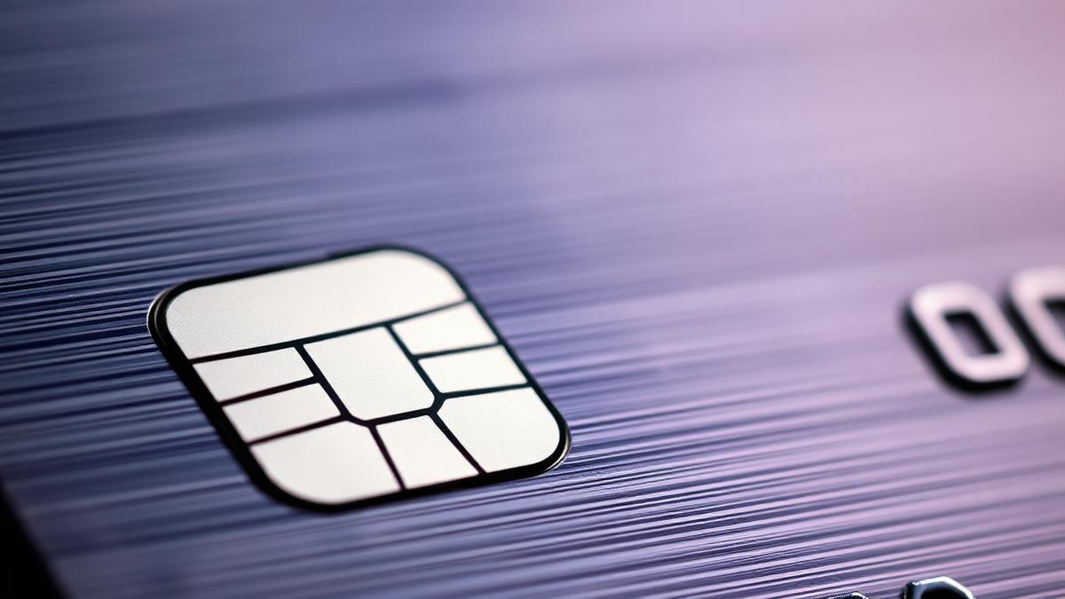 Close up of the chip on a sleek dark metal credit card resting on a restaurant table