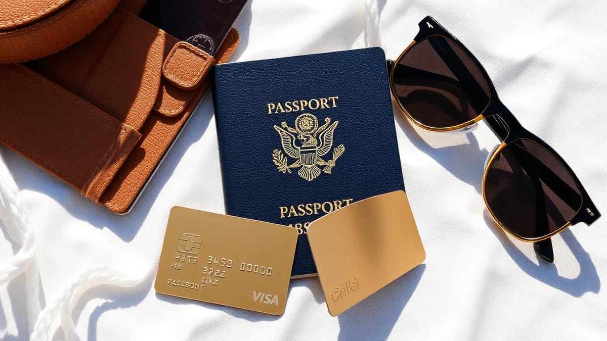 A traveler's passport, a gold credit card, and sunglasses on a white linen surface